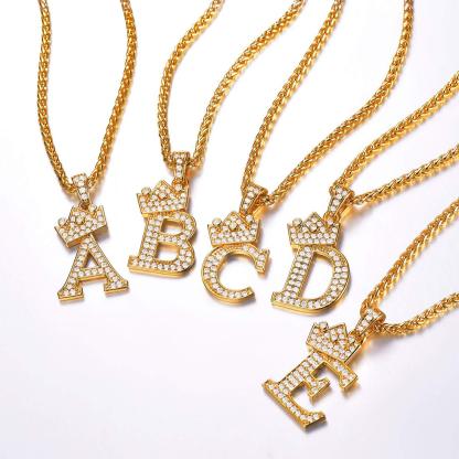 Gold Plated Inlay Crystal Crown Letter Initial Necklace-silviax