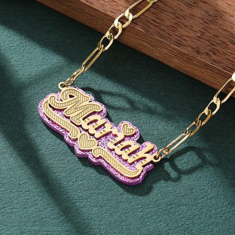 Double Plate Purple Acrylic Heart Personalized Custom Gold Plated Name Necklace-silviax