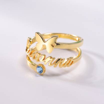 Gold Plated Butterfly Personalized Custom Name Ring with Birthstone-silviax