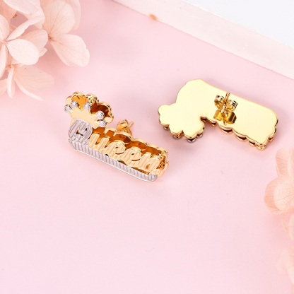 Double Plate Two Tone with Crown Nameplate Personalized Custom Name Stud Earrings-silviax