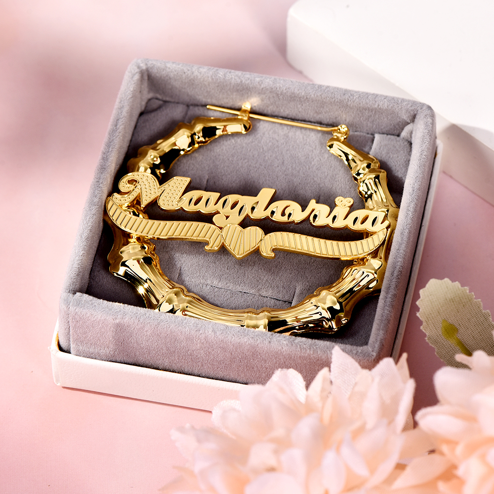 Heart Underline Nameplate Personalized Custom Gold Plated Bamboo Name Earrings-silviax