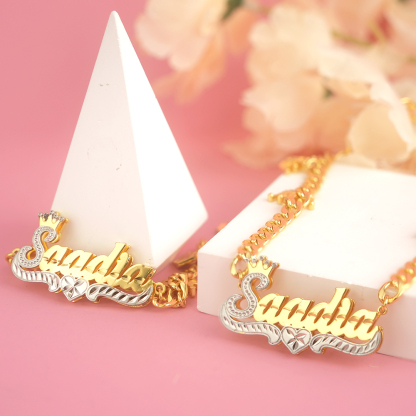 Double Layer Two Tone Crown Heart Nameplate Cuban Chain With Heart Pendants Personalized Custom Gold Plated Name Necklace And Bracelet Set-silviax