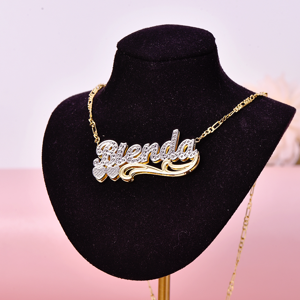 Two Tone Double Layer Personalized Custom 3D Name Necklace with Double Heart-silviax