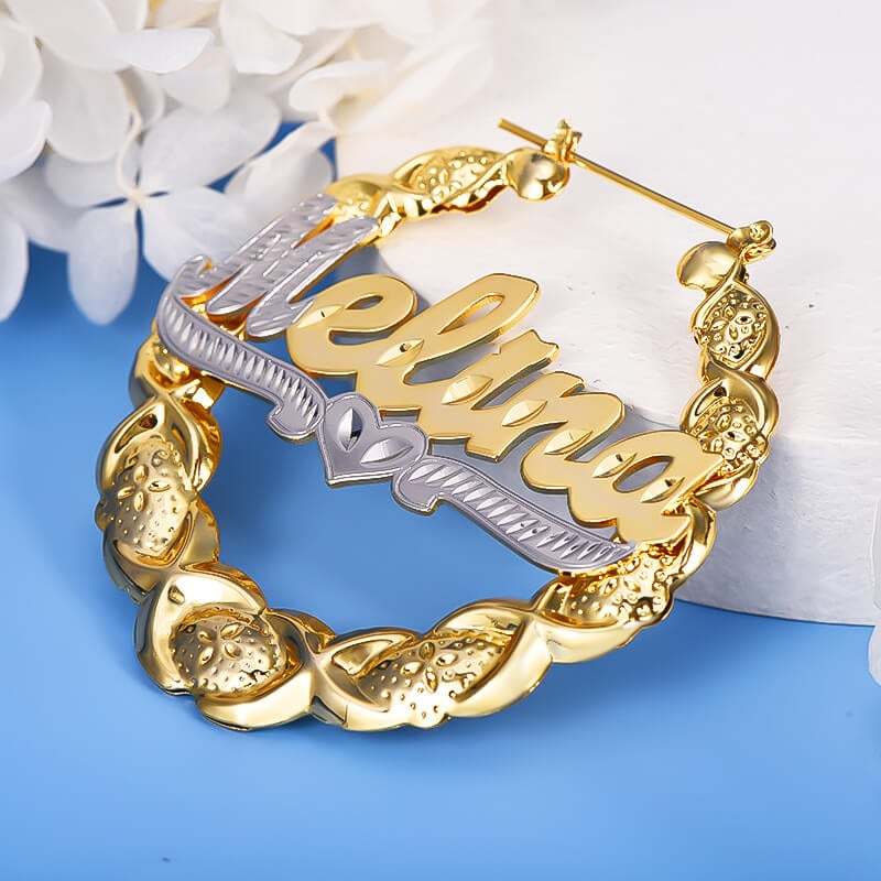 Two Tone XOXO Bamboo Earrings with Heart Personalized Custom Gold Plated Name Earrings-silviax