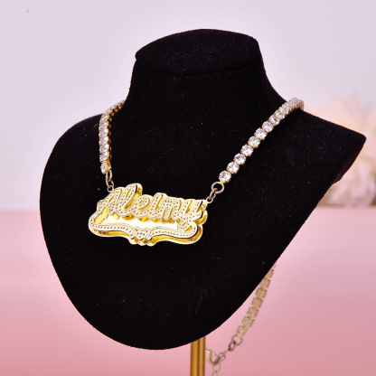 Double Plate Nameplate Heart with Tennis Chain Personalized Custom Gold Plated Name Necklace-silviax