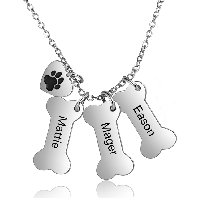 1 To 4 Engraved Dog Bone Necklace with Heart Shaped Pet Paw Pendant Personalized Custom Gold Plated Name Necklace