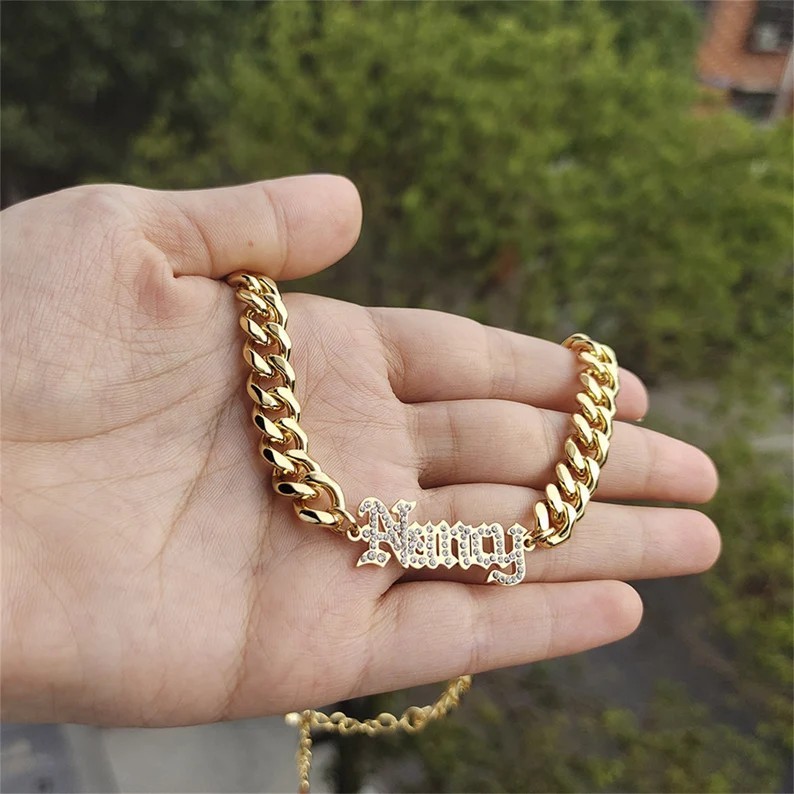 Cuban Chain Personalized Custom Zirconia Nameplate Chocker Gold Plated Name Necklace-silviax