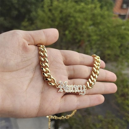 Cuban Chain Personalized Custom Zirconia Nameplate Chocker Gold Plated Name Necklace-silviax