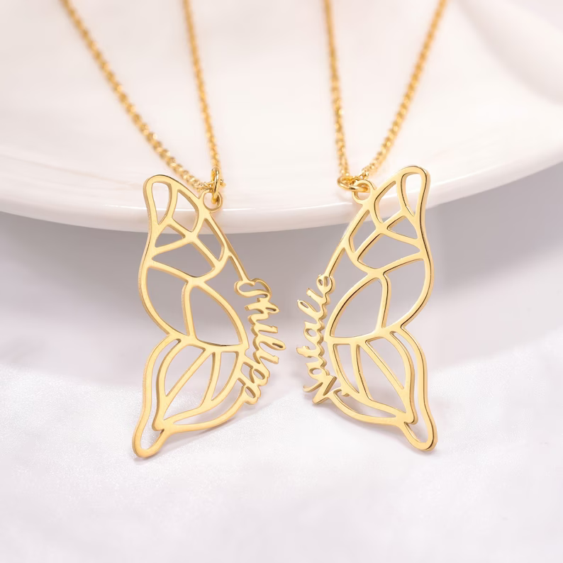 Two Butterfly Nameplate Personalized Custom Gold Plated Name Necklace Couple Necklace BFF Gifts-silviax