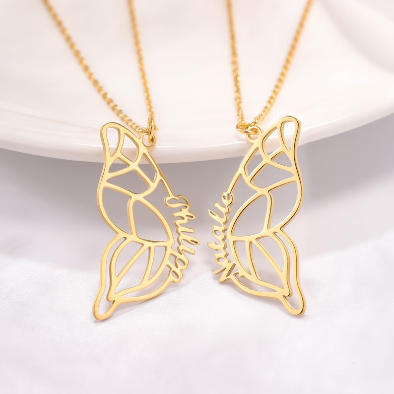 Two Butterfly Nameplate Personalized Custom Gold Plated Name Necklace Couple Necklace BFF Gifts