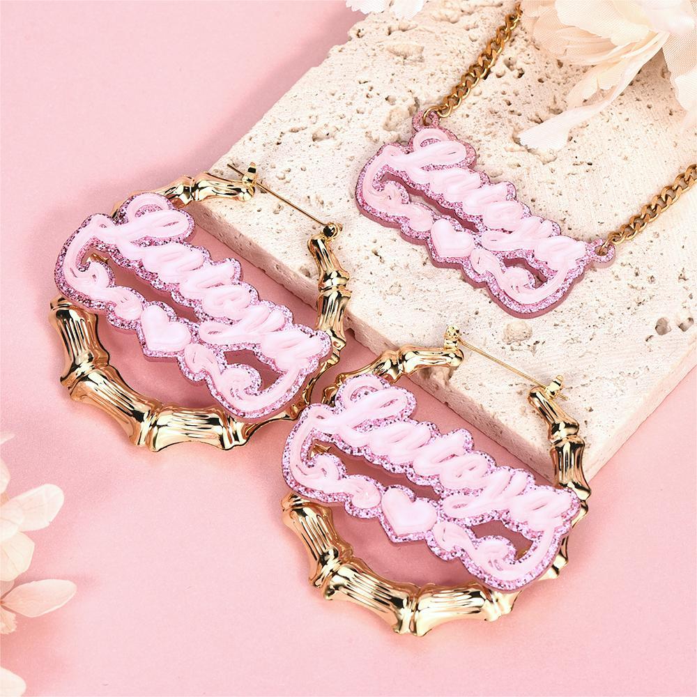 Personalized Pink Acrylic Heart Name Necklace Bamboo Hoop Earrings Set-silviax