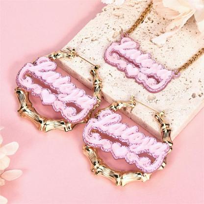 Personalized Pink Acrylic Heart Name Necklace Bamboo Hoop Earrings Set-silviax