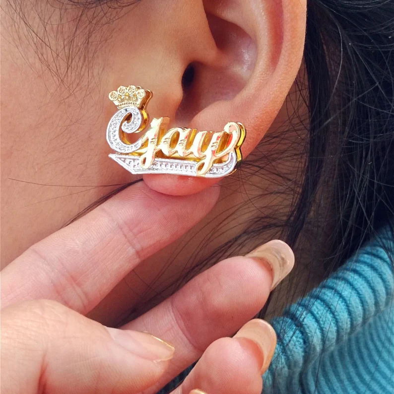 Double Layer Two Tone Crown and Underline Custom Name Stud Earrings-silviax
