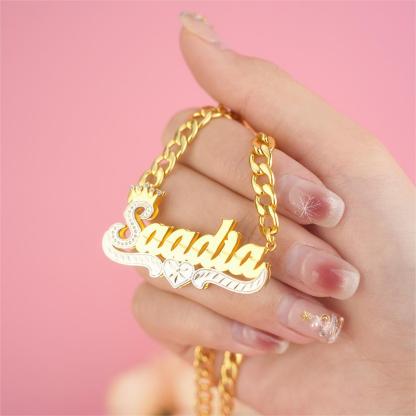 Double Layer Two Tone Crown Heart Cuban Chain With Heart Pendant Personalized Custom Gold Plated Name Necklace-silviax