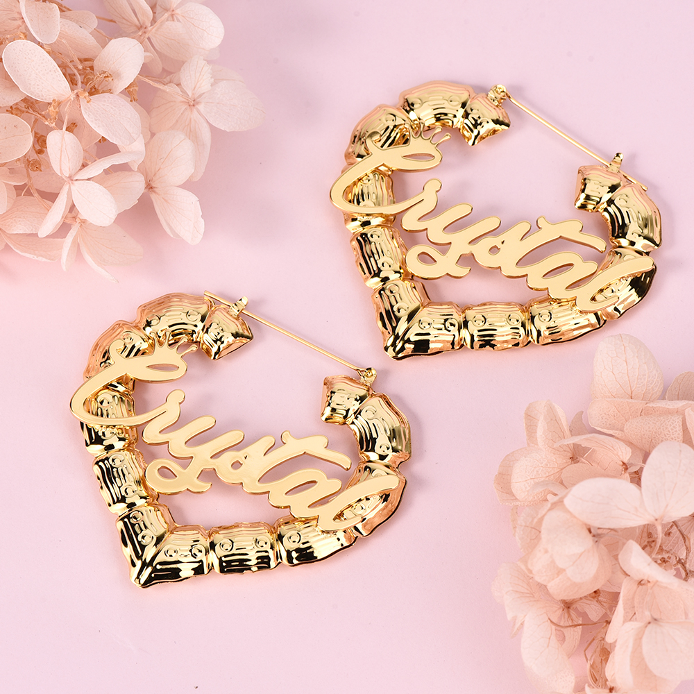 Heart Shaped Bamboo Hoop Crown Nameplated Personalized Custom Gold Plated Name Earrings