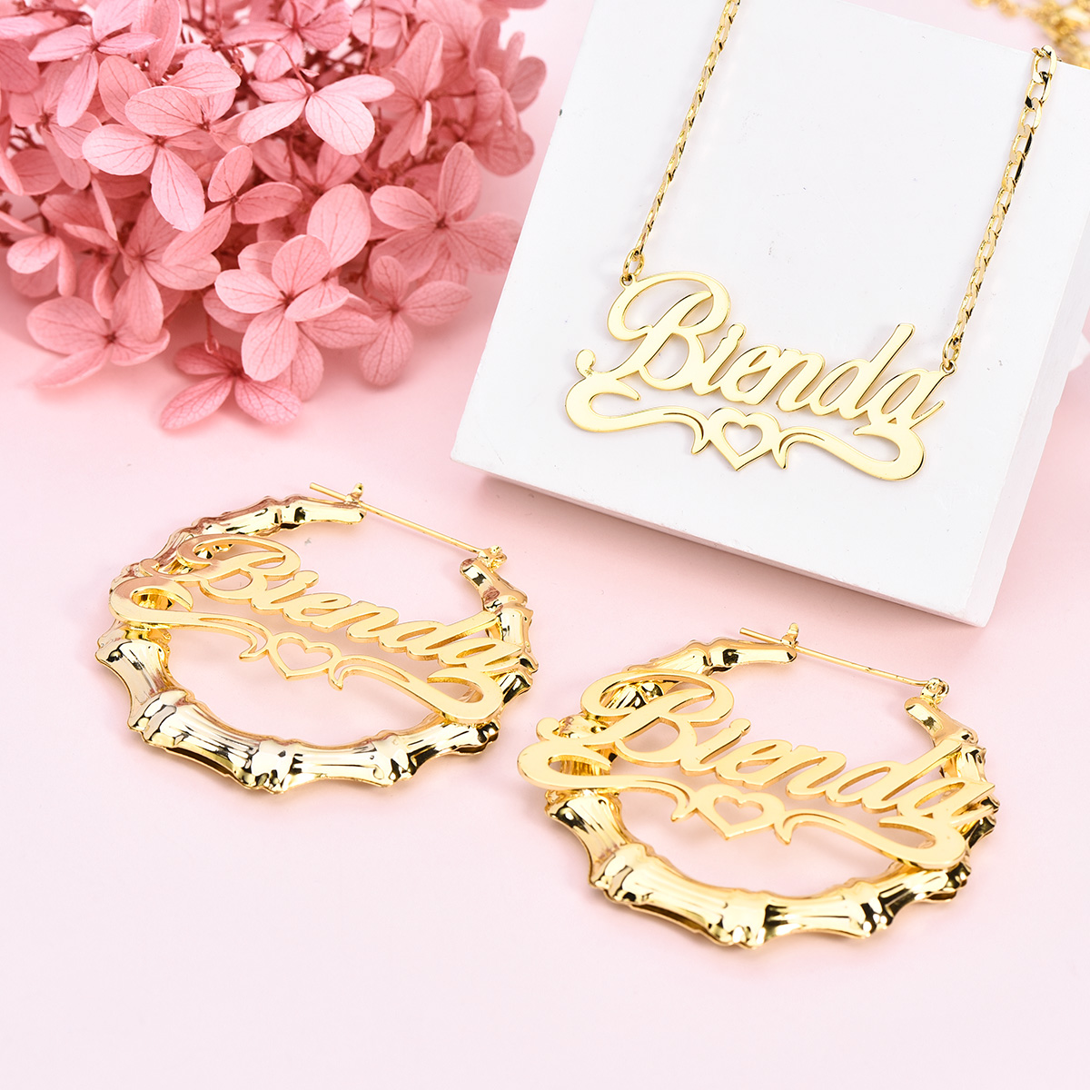 Personalized Double Plated Hollow Heart Name Necklace Bamboo Earrings Set-silviax