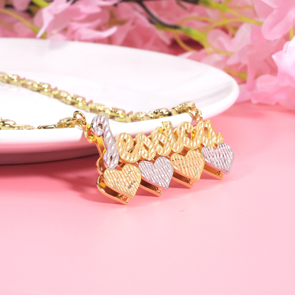 Teddy Bear and Heart XOXO Chain Double Layer Two Tone Four Hearts Personalized Custom Name Necklace