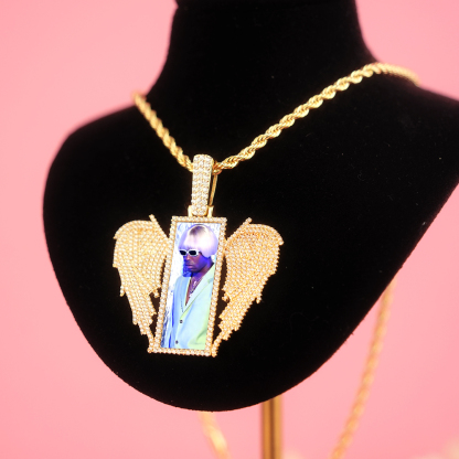 Angel Wings Rectangular Photo Frame Pendant Custom Necklace with Zircon Hip Hop Style-silviax