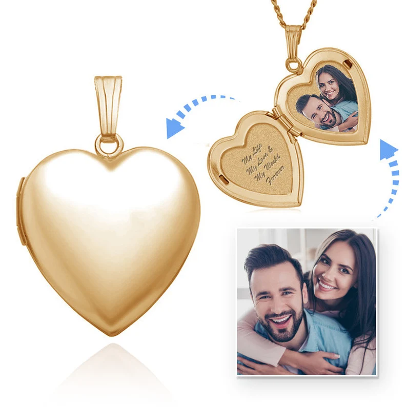 Heart Locket Photo Pendant Personalized Custom Gold Plated Engraved Necklace Couple Gift-silviax