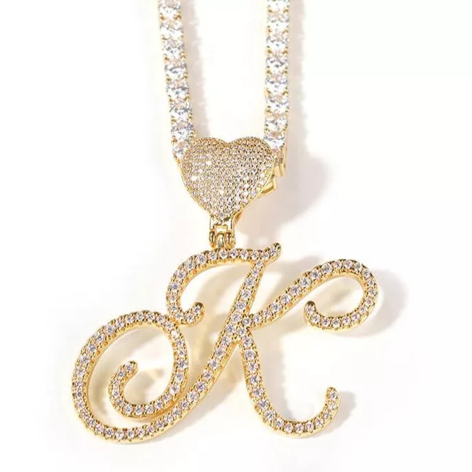 Personalized Iced Out Cursive Initial Pendant Tennis Chain with Heart