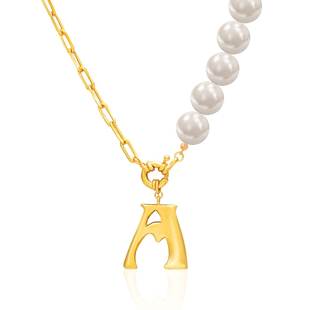 Pearl Chain And Lattice Chain Personalized Custom Gold Plated Initial Necklace-silviax