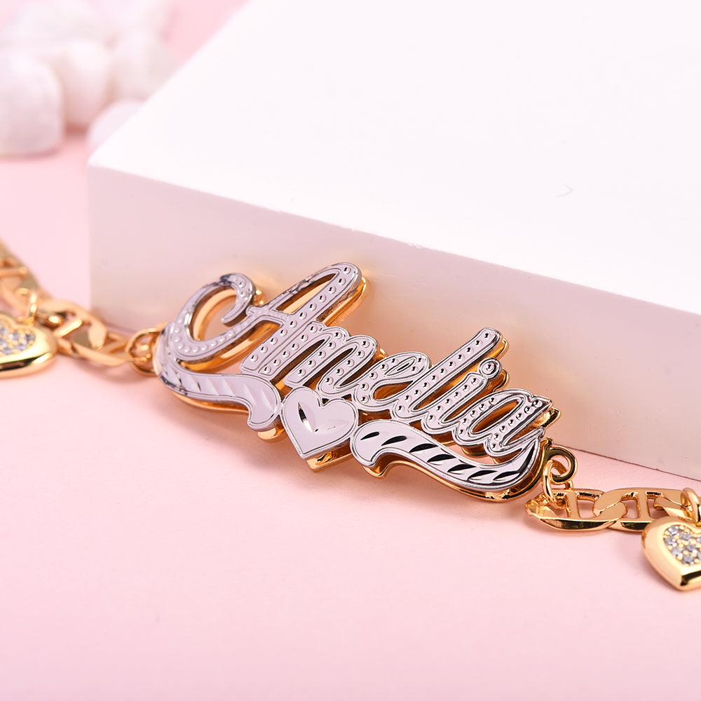 Double Layer Personalized Heart Nameplate With Heart Pendant Custom Name Bracelet-silviax