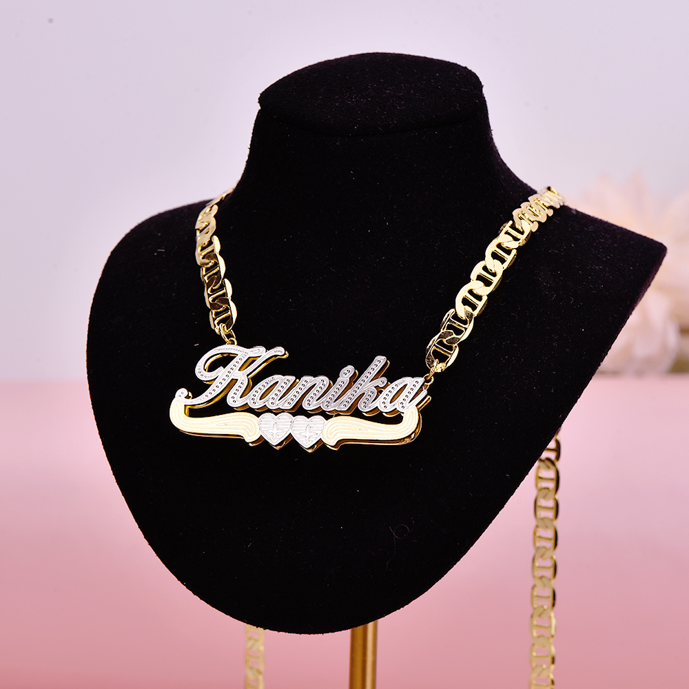 Mariner Chain Two Tone Double Plate Two Heart Personalized 3D Name Necklace-silviax
