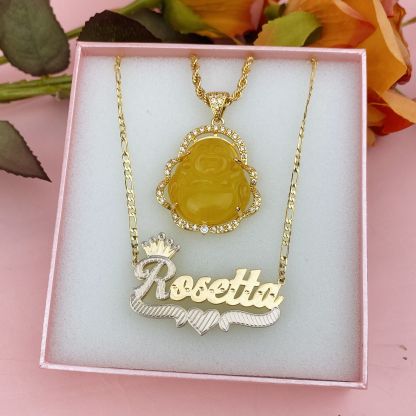 Personalized Jewelry Set Smile Maitreya Buddha Pendant and Crown Heart Name Necklace-silviax