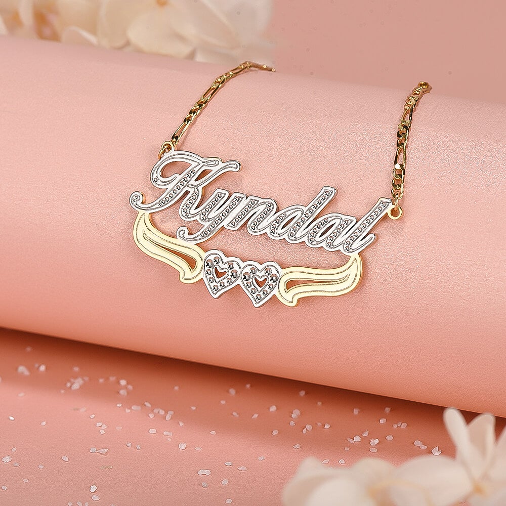 Gold Plated Personalized Two Tone Name Necklace with Double Heart-silviax