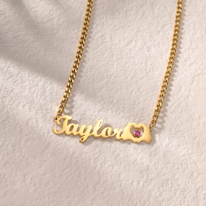  Love Gesture Heart Nameplate with Birthstone Personalized Custom Gold Plated Name Necklace