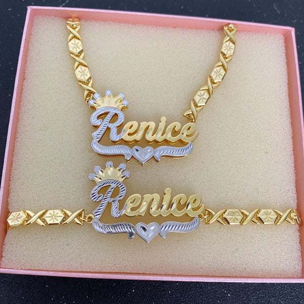Double Layer Two Tone Crown Heart with XOXO Chain Personalized Custom Gold Plated Name Necklace And Bracelet Set-silviax
