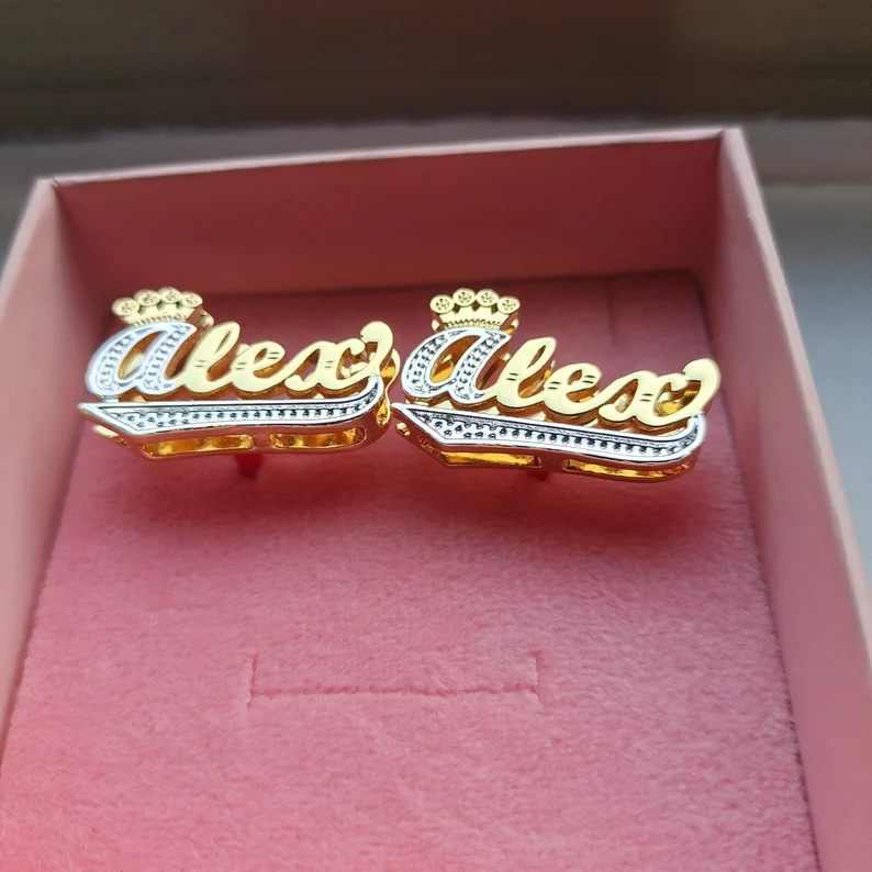 Double Layer Two Tone Crown and Underline Custom Name Stud Earrings-silviax