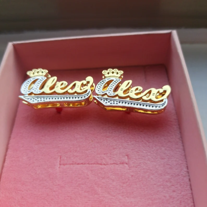 Double Layer Two Tone Crown and Underline Custom Name Stud Earrings-silviax