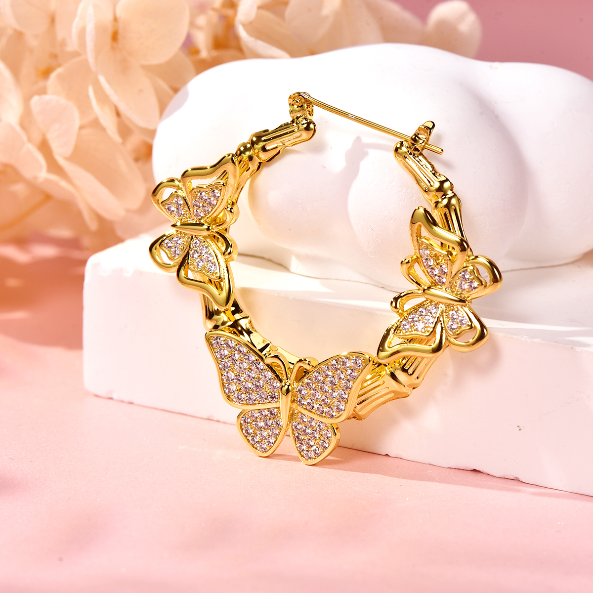 Bamboo Hoop With Butterfly Gold Plated Earrings 30mm/60mm Women Gift-silviax