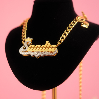 Double Layer Two Tone Crown Heart Nameplate Cuban Chain With Heart Pendants Personalized Custom Gold Plated Name Necklace And Bracelet Set-silviax