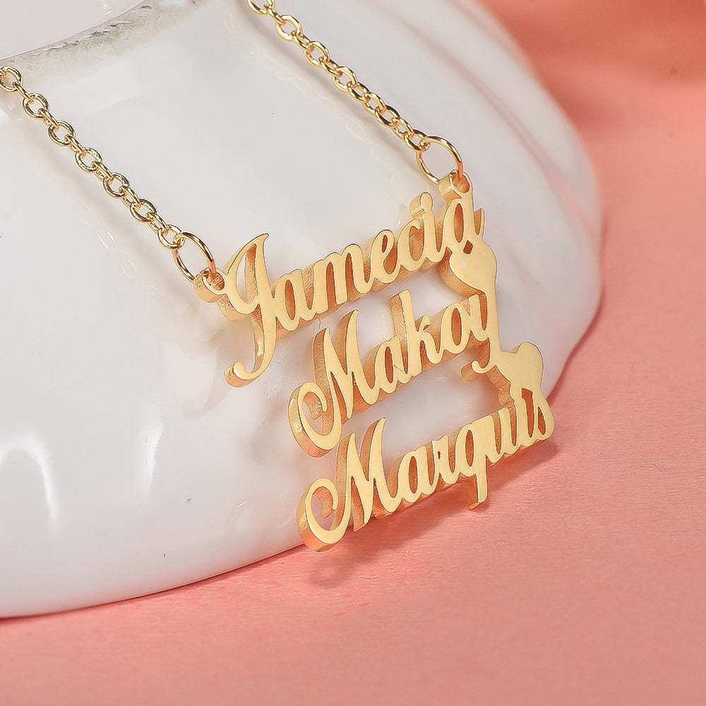 Gold Plated Personalized Three Names Necklace with Two Hearts Mother Gift-silviax