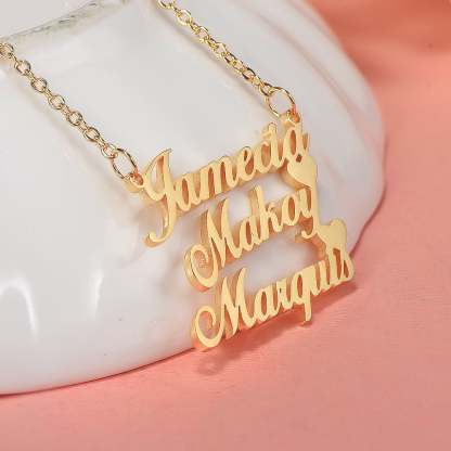 Gold Plated Personalized Three Names Necklace with Two Hearts Mother Gift-silviax