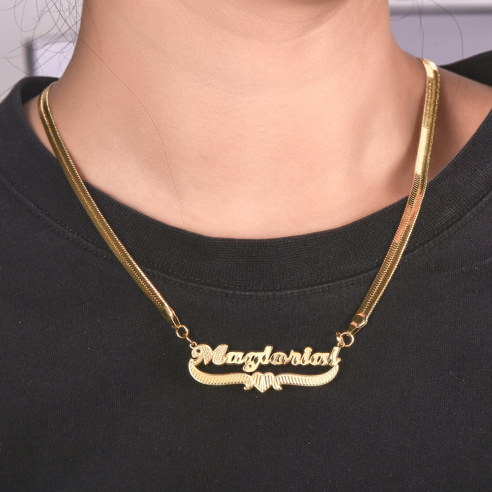 Double Layer Heart Nameplate with Herringbone Snake Chain Name Necklace And Bamboo Earrings Set-silviax