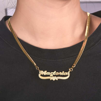 Double Layer Heart Nameplate with Herringbone Snake Chain Name Necklace And Bamboo Earrings Set-silviax