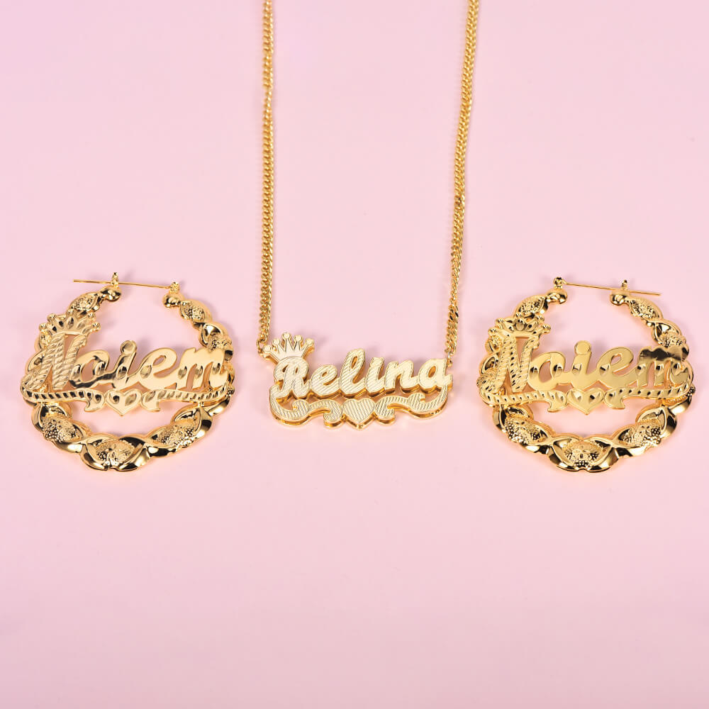 Crown Heart Double Layer Name Necklace And XOXO Name Earrings Personalized Custom Set-silviax