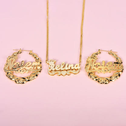 Crown Heart Double Layer Name Necklace And XOXO Name Earrings Personalized Custom Set-silviax