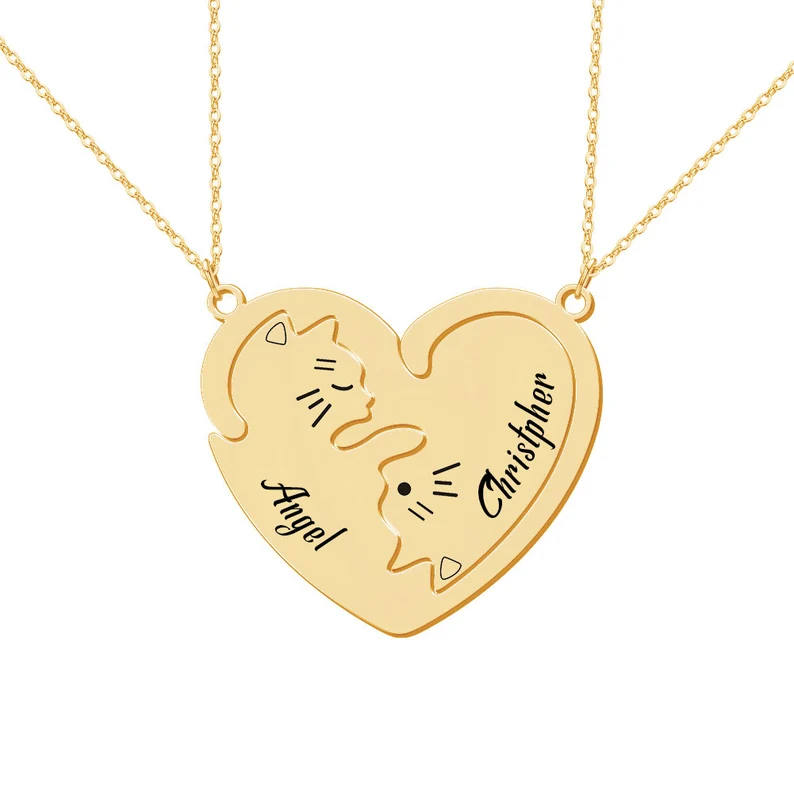 Two Cat Nameplate Puzzle Pendant Personalized Custom Gold Plated Engraved Name Necklace Couple Best Friend Gift