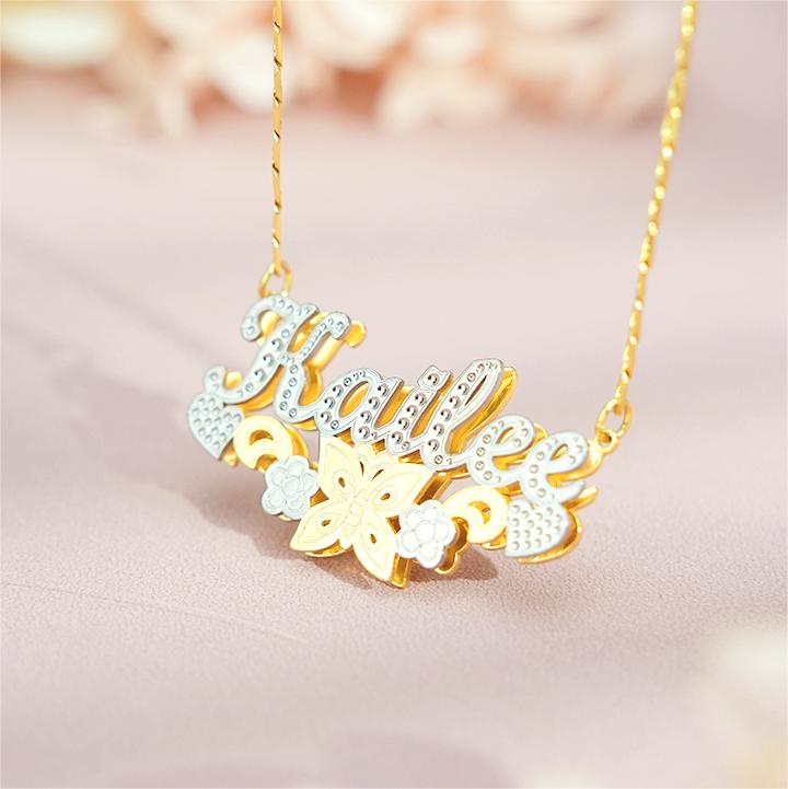 Double Layer Two Tone With Butterfly Flower And Heart Personalized Custom Name Necklace