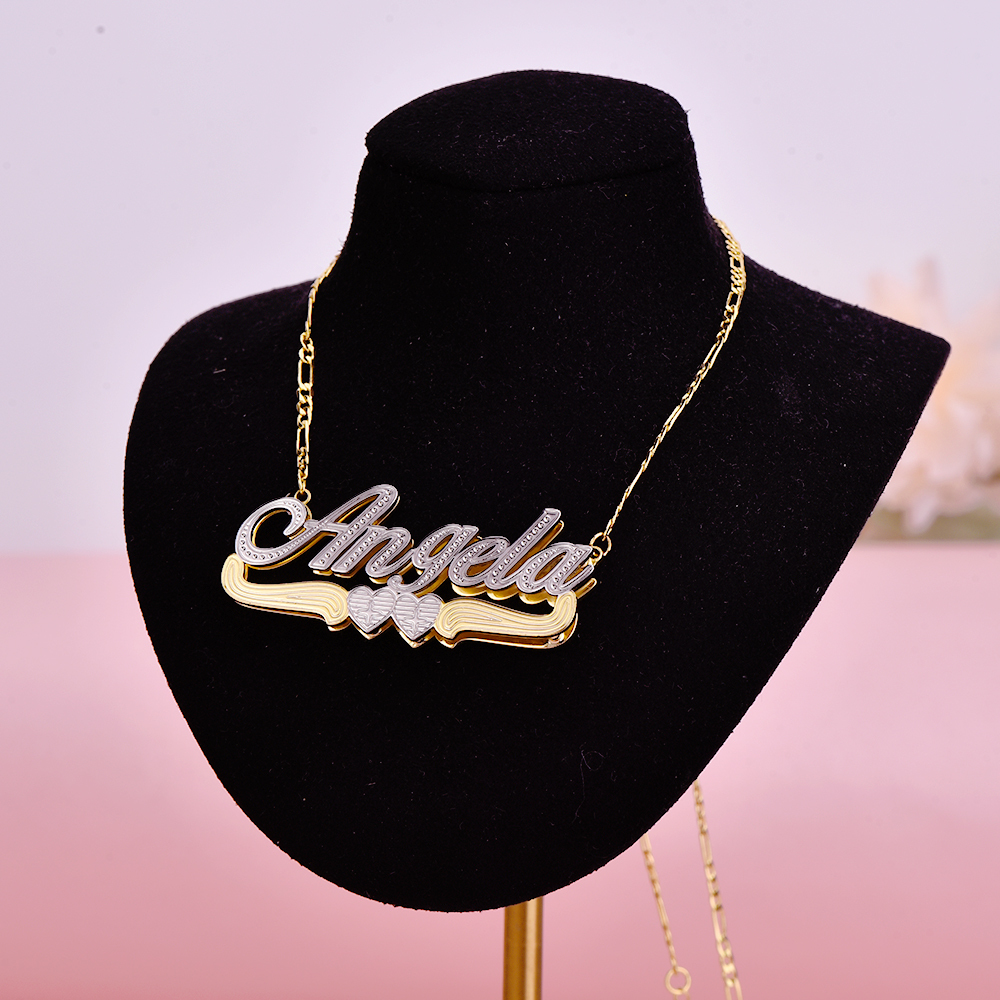 Two Tone Double Plate Gold Plated Personalized Two Heart 3D Name Necklace-silviax