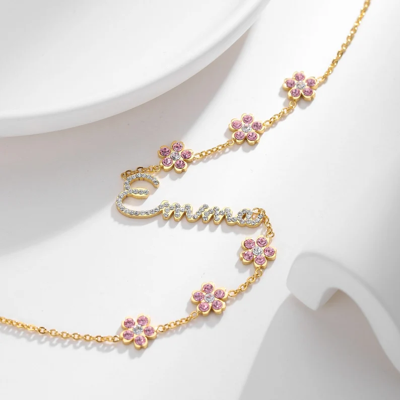 Crystal Nameplate Flower Pendant Personalized Custom White Gold Name Necklace-silviax