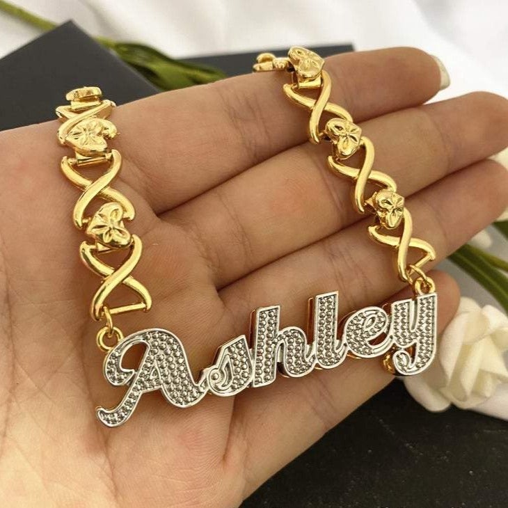 Double Layer Two Tone Nameplate Personalized Custom Gold Plated Name Necklace With Xoxo Chain 