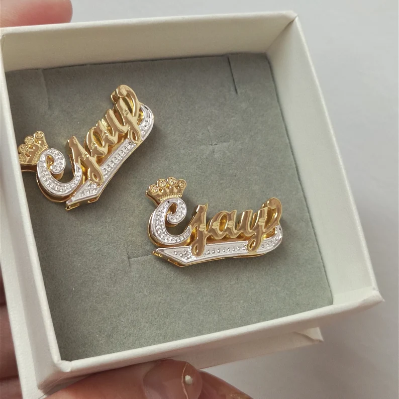 Double Layer Two Tone Crown and Underline Custom Name Stud Earrings-silviax
