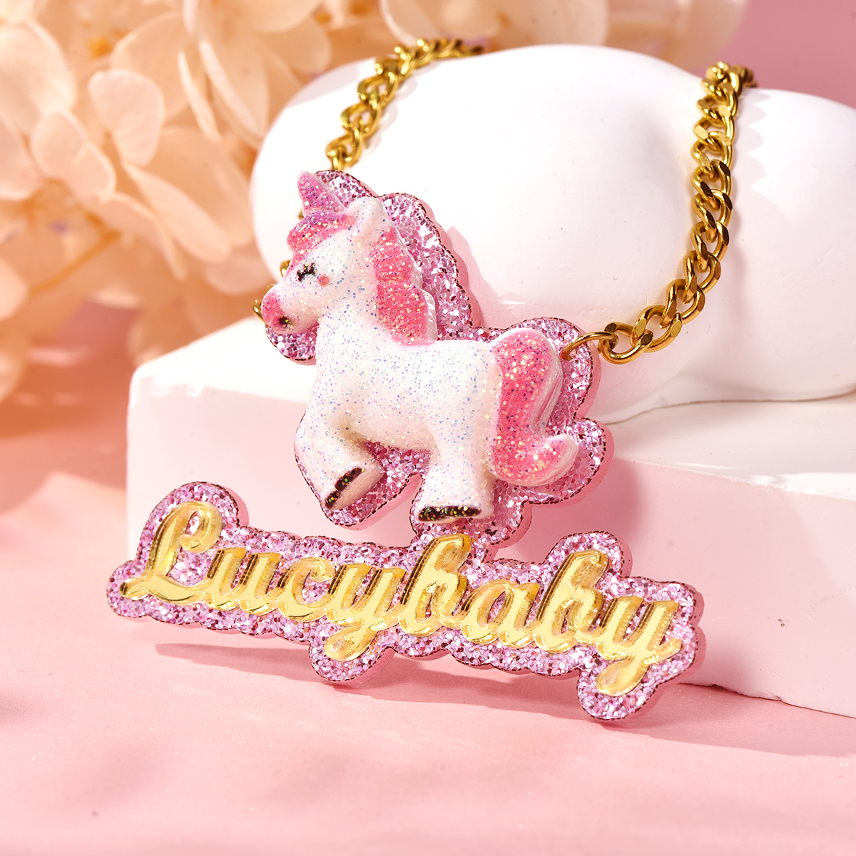Happy Unicorn Acrylic Personalized Gold Plated Name Necklace-silviax