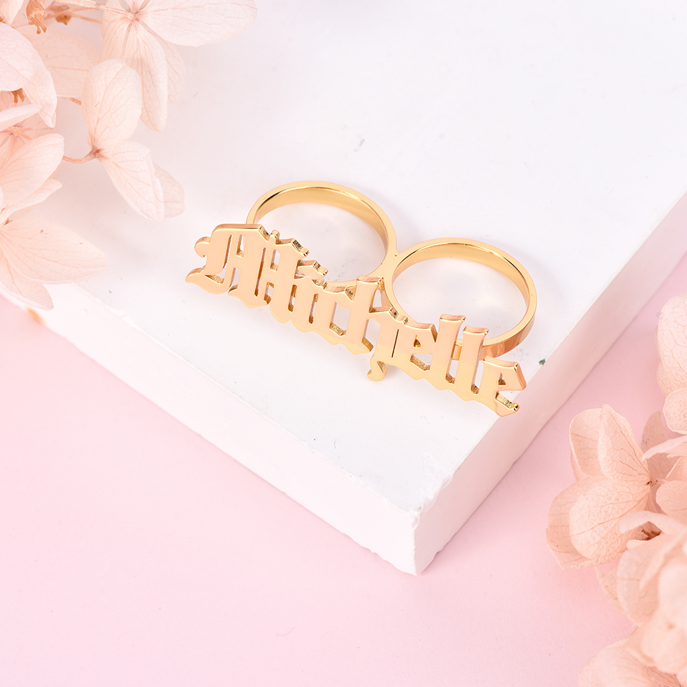 Persnalized Custom Gold Plated Double Finger Old English Font Name Ring-silviax