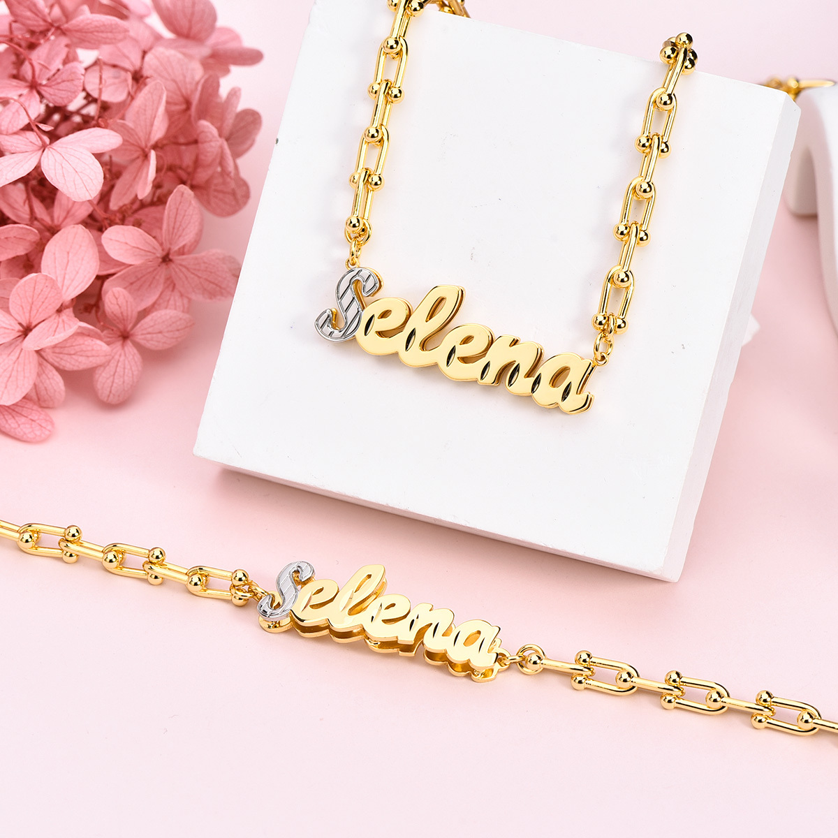 U Link Chain Two Tone Personalized Custom Set Name Necklace And Bracelet-silviax